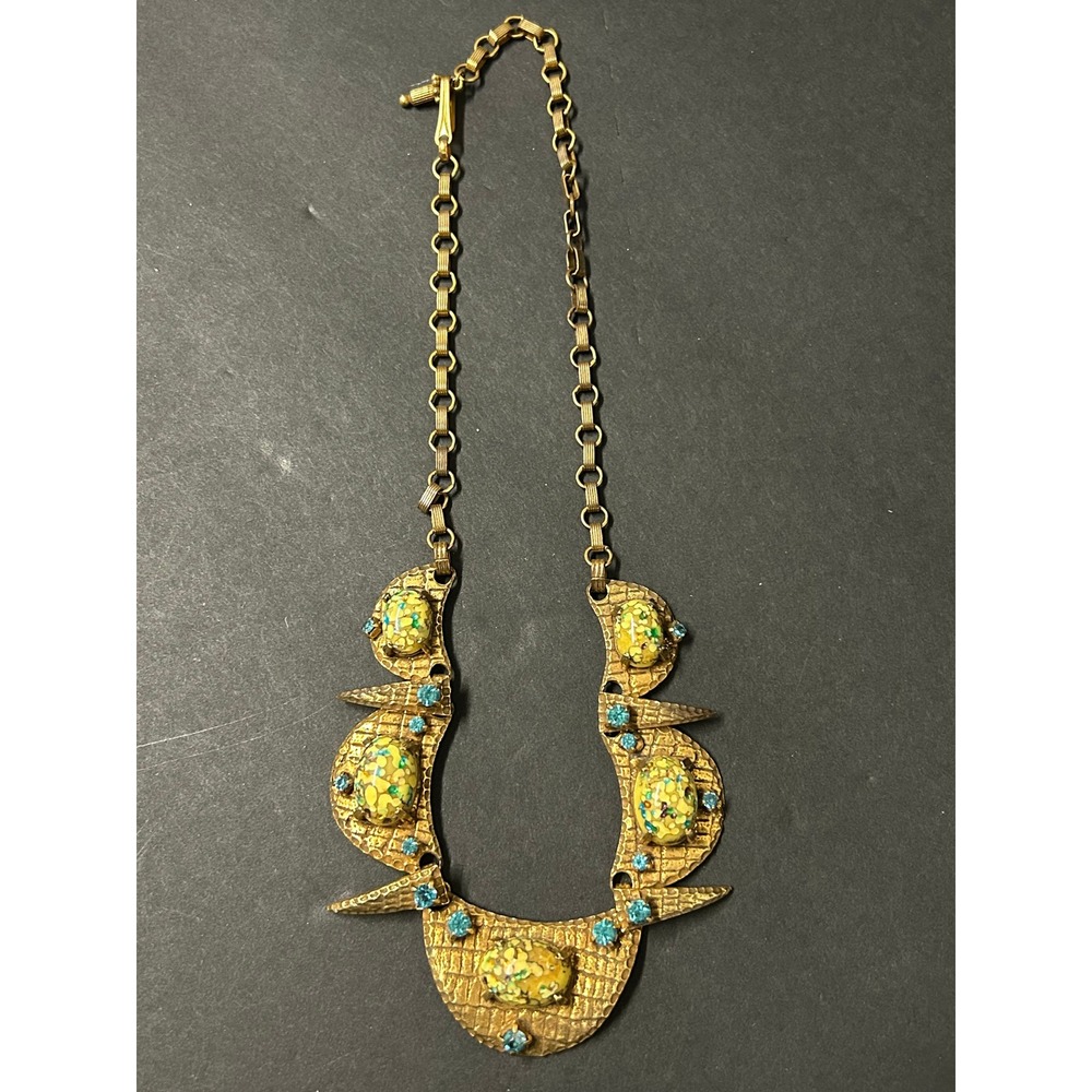 Vintage Jewelry Gold Blue Confetti Glass Bib Necklace Earring Set Brutalist RARE - Picture 3 of 8
